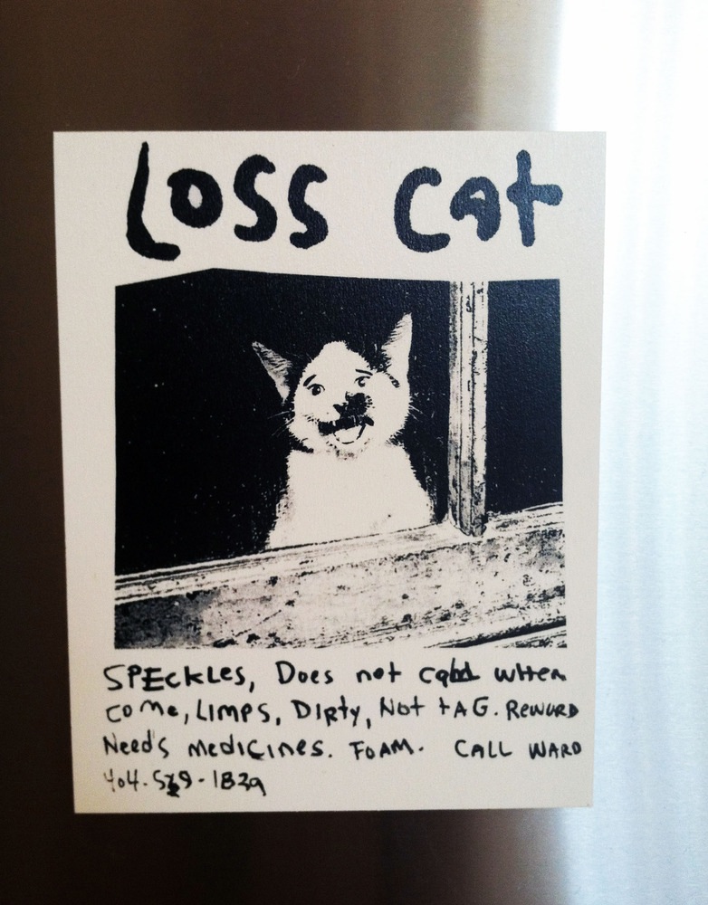 Atlanta-based artist R. Land's "Loss Cat" poster is an example of what not to put on your lost cat poster