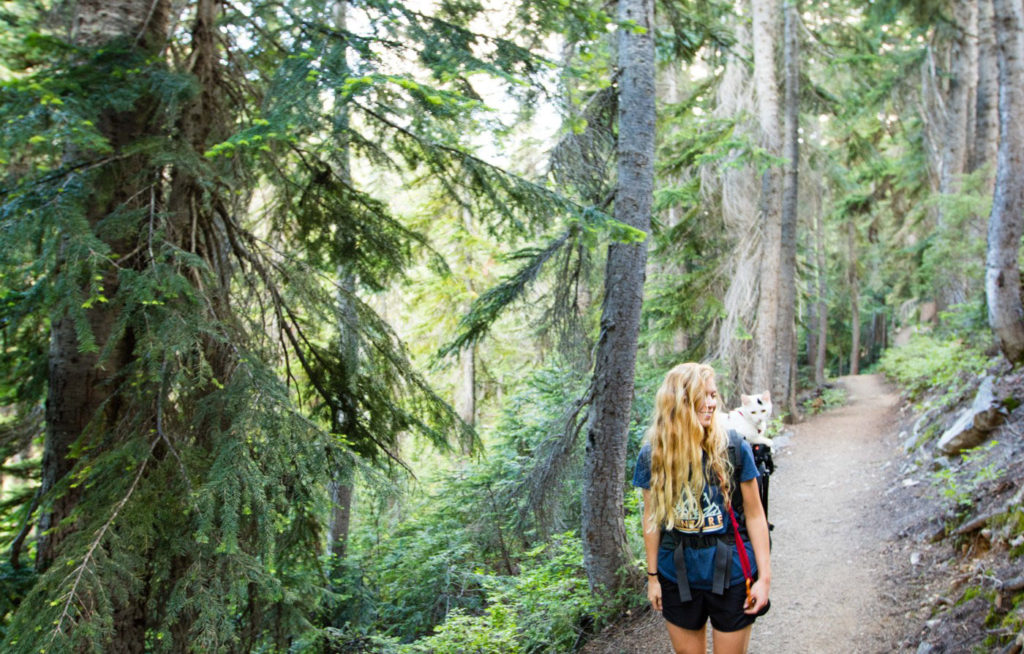 woman hiking with cat