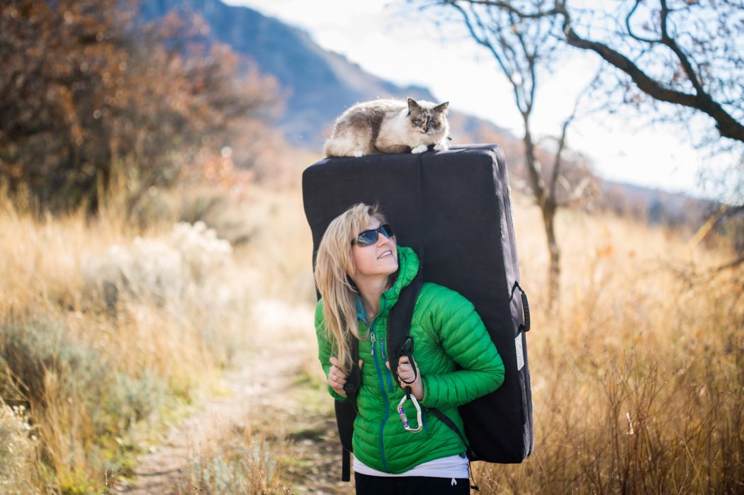 Lacy Taylor and her cat Zhiro on a hike