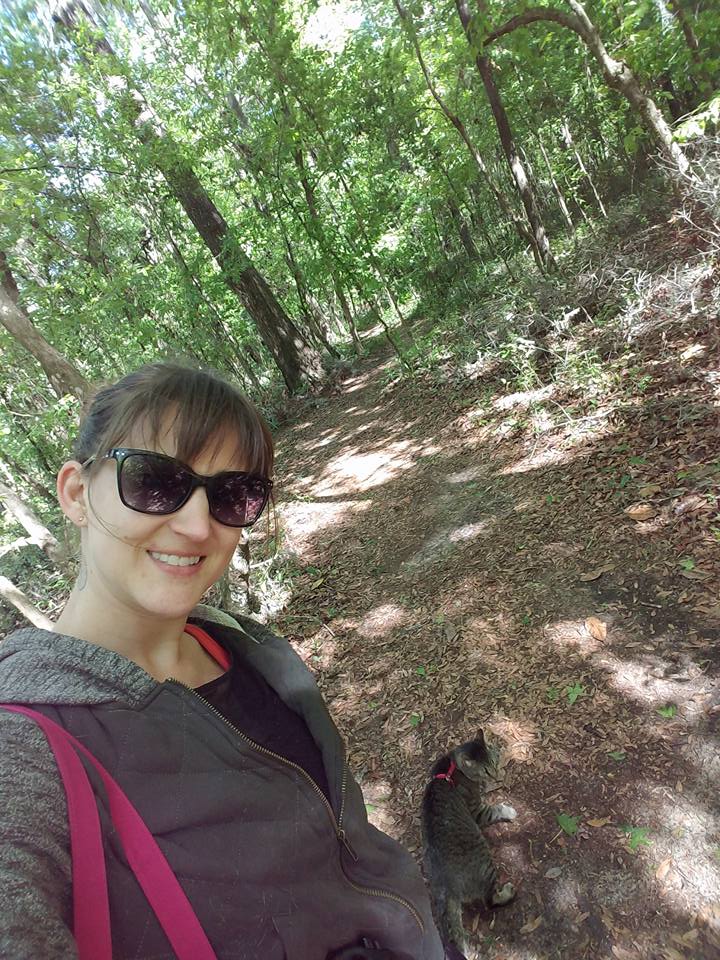 Catherine Frock on a hike with her cat, Pigeon